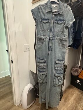 Good American Light Blue Denim cargo jumpsuit